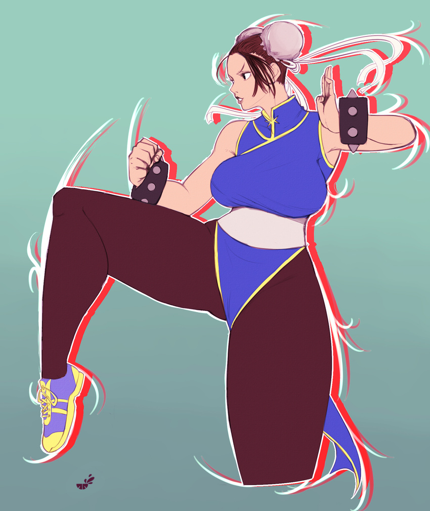 adapted_costume blue_dress boogy_(mnmnjuguna) bracelet bun_cover china_dress chinese_clothes chun-li commentary_request double_bun dress female fighting_stance hair_bun highres jewelry leg_up looking_to_the_side pantyhose pelvic_curtain solo spiked_bracelet spikes street_fighter