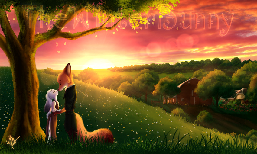 2017 5:3 anthro canid canine closed_eyes clothed clothing detailed_background disney duo eyebrows eyelashes female flower forest fox fur hi_res hill judy_hopps kissing lagomorph leporid male mammal nick_wilde plant princess_bride rabbit red_fox signature sunset thewinterbunny tree true_fox watermark zootopia