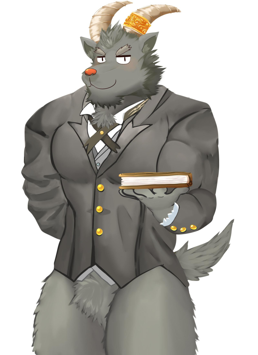 :3 anthro black_body black_fur bottomless bovid butler caprine clothed clothing edogast featureless_crotch fur goat hi_res horn lifewonders male mammal muscular muscular_anthro muscular_male salomonkun smile smirk solo suit tokyo_afterschool_summoners