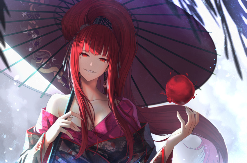 blood breasts cloud cloudy_sky collarbone commentary earrings english_commentary female hair_ornament head_tilt high_ponytail holding japanese_clothes jewelry kimono limeblock long_hair long_sleeves looking_at_viewer medium_breasts off_shoulder oil-paper_umbrella orb original red_eyes red_hair sidelocks sky smile solo standing umbrella upper_body vampire wide_sleeves