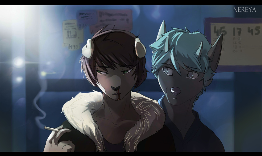 black_bars black_nose blood blue_eyes blue_hair bodily_fluids brown_hair cigarette clothed clothing duo female fur green_eyes grey_body grey_fur hair hi_res inside letterbox mammal night tayan tiffico wendy