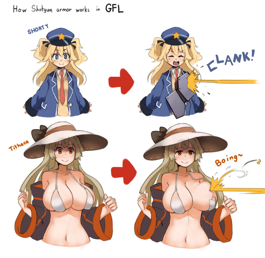 2girls :d absurdres arrow_(symbol) bare_shoulders bikini black_bow blocking blonde_hair blue_eyes blue_hat blue_jacket blush bow breasts character_name cleavage collared_shirt commentary convenient_breasts english_commentary english_text firing flat_chest girls'_frontline hair_between_eyes hat hat_bow highres huge_breasts jacket kion-kun long_hair long_sleeves looking_at_viewer m37_(girls'_frontline) m37_(summer_parader)_(girls'_frontline) multiple_girls navel necktie official_alternate_costume open_clothes open_jacket open_mouth orange_eyes pun red_necktie ricocheting shield shield_module shirt simple_background smile sound_effects strap_break sun_hat super-shorty_(girls'_frontline) swimsuit two_side_up v-shaped_eyebrows vest wardrobe_malfunction white_background white_bikini white_hat white_shirt wide_sleeves wing_collar