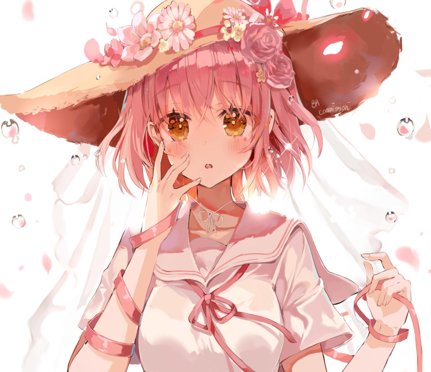 :o b_rock bad_id bad_pixiv_id blush commentary commission daisy english_commentary female fingernails flower hair_flower hair_ornament hand_up hat hat_flower highres looking_at_viewer neck_ribbon orange_eyes original parted_lips pink_flower pink_hair pink_rose pink_sailor_collar pink_shirt red_ribbon ribbon rose sailor_collar school_uniform serafuku shirt solo straw_hat upper_body water_drop white_flower