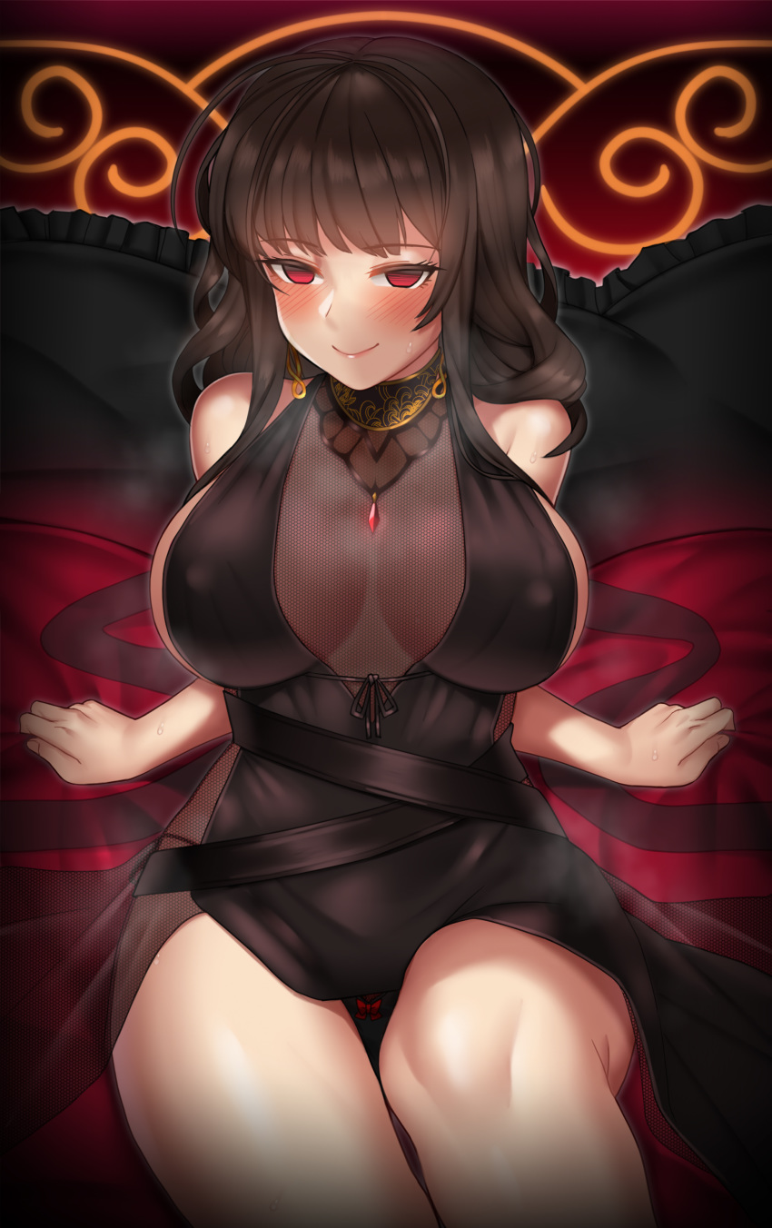 absurdres arm_support arms_behind_back black_dress black_panties blunt_bangs blush breasts breasts_apart brooch brown_hair cleavage closed_mouth couch covered_nipples detached_collar dress dsr-50_(girls'_frontline) dsr-50_(highest_bid)_(girls'_frontline) earrings empty_eyes evening_gown female fishnets front-tie_top girls'_frontline highres jewelry large_breasts long_hair looking_at_viewer naughty_face no_bra nt00 official_alternate_costume paid_reward panties patreon_reward red_eyes see-through see-through_cleavage side-tie_panties sidelocks sitting sleeveless sleeveless_dress smile solo string_panties sweat underwear