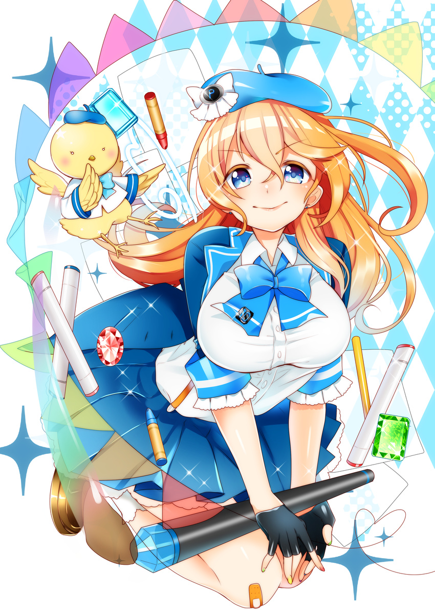 absurdres argyle_background artistic_error bad_id bad_pixiv_id bandage_on_knee bandaid bird blonde_hair blue_eyes blue_hat blue_skirt breasts commentary_request cosmetics earrings female gem green_gemstone hat highres jewelry kneeling large_breasts lipstick_tube long_hair looking_at_viewer masumofu pixiv pixiv-tan red_gemstone school_uniform serafuku skirt smile solo stud_earrings stylus