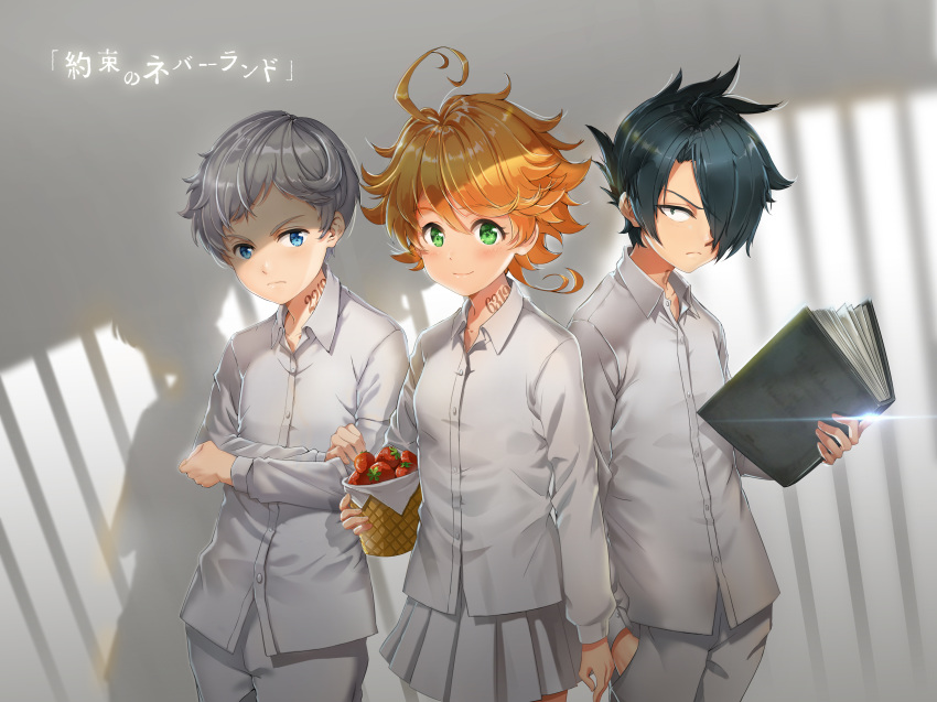 2boys absurdres ahoge arm_at_side basket black_eyes black_hair blue_eyes blush book bunnyking618 commentary_request crossed_arms emma_(yakusoku_no_neverland) female food fruit grey_hair hair_over_one_eye highres holding holding_book looking_at_viewer multiple_boys neck_tattoo norman_(yakusoku_no_neverland) number_tattoo orange_hair photoshop_(medium) ray_(yakusoku_no_neverland) shadow shirt short_hair skirt smile sparkle standing strawberry tattoo white_shirt white_skirt yakusoku_no_neverland