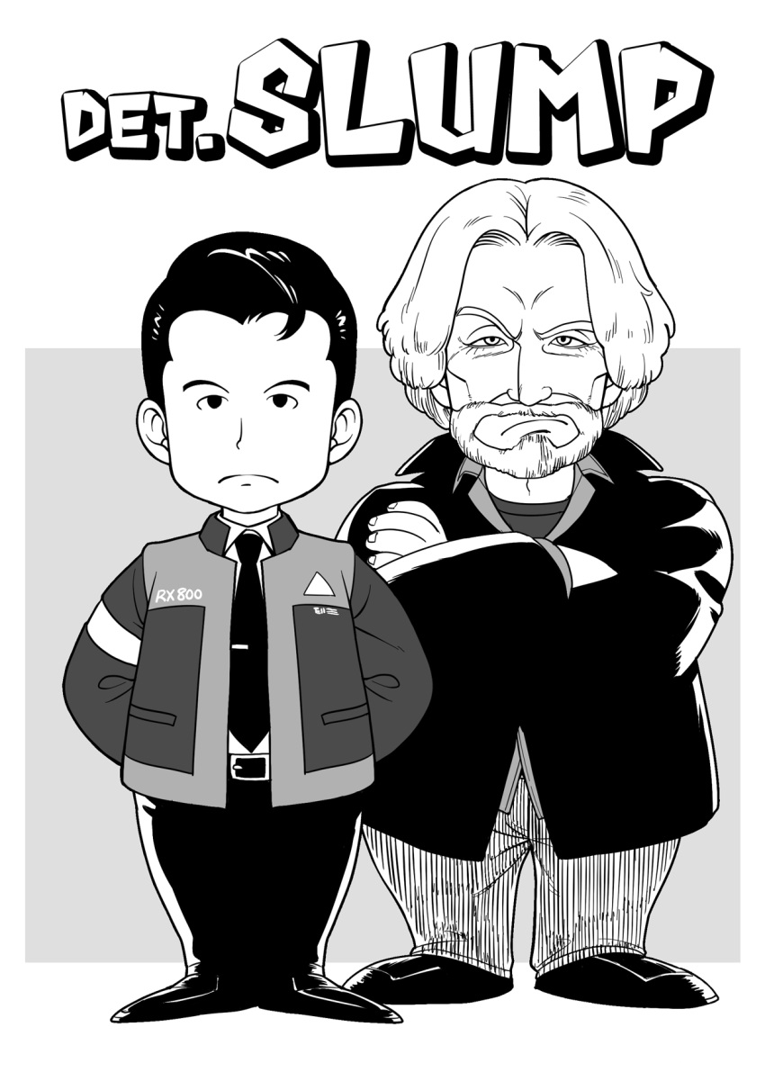 2boys android beard belt chibi closed_mouth commentary_request connor_(detroit) crossed_arms detroit:_become_human dr._slump facial_hair frown greyscale hank_anderson highres jacket kotatsu_(g-rough) looking_at_viewer monochrome multiple_boys necktie pants parody parted_bangs shoes standing title_parody uniform