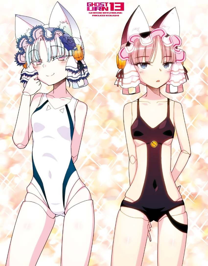 2girls android animal_ears ass_visible_through_thighs bad_id bad_link black_flower black_one-piece_swimsuit black_rose blue_eyes breasts casual_one-piece_swimsuit cat_ears clarion competition_swimsuit copyright_name covered_navel flower hair_ornament highres hitotose_rin joints koukaku_no_pandora lace maid_headdress multiple_girls official_art one-piece_swimsuit phobos_(koukaku_no_pandora) pink_eyes pink_hair robot_joints rose small_breasts smile sparkle_background swimsuit white_hair white_one-piece_swimsuit