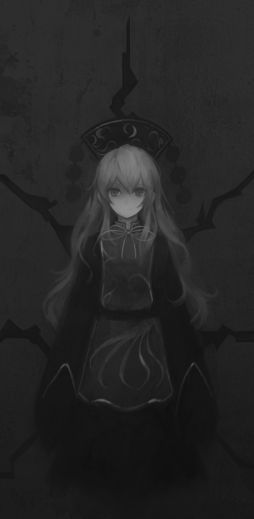 bad_id bad_twitter_id chinese_clothes closed_mouth commentary_request crescent dress expressionless female full_body grey_background greyscale gyup hat highres junko_(touhou) korean_commentary long_hair long_sleeves looking_at_viewer monochrome ribbon simple_background sleeves_past_wrists solo standing tabard touhou very_long_hair wide_sleeves