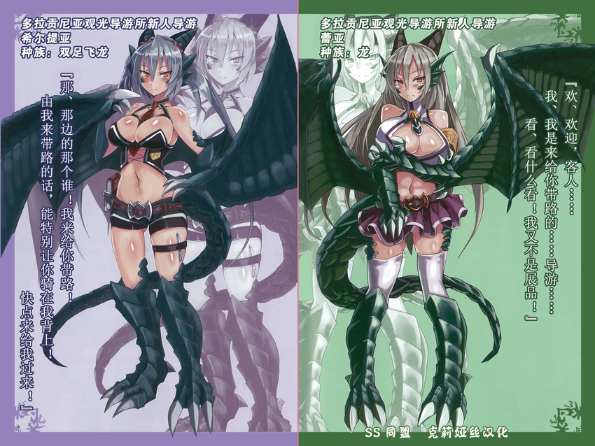 2girls blush claws dragon_(monster_girl_encyclopedia) dragon_girl dragon_tail dragon_wings horns kenkou_cross monster_girl monster_girl_encyclopedia multiple_girls tail translation_request wyvern_(monster_girl_encyclopedia) yellow_eyes