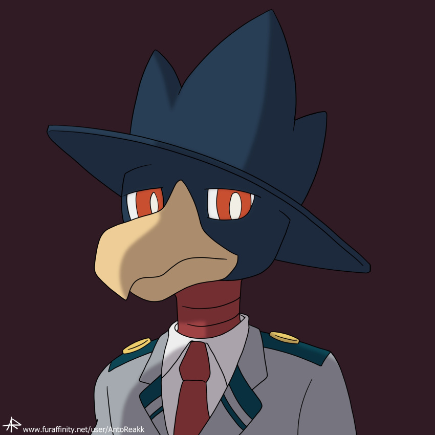 1:1 animal_head anthro antoreakk avian beak bird clothed clothing corvid crossover for_a_head fumikage_tokoyami generation_2_pokemon hat headgear headwear hi_res humanoid male murkrow my_hero_academia necktie nintendo oscine passerine pokemon pokemon_(species) pokemorph simple_background solo uniform