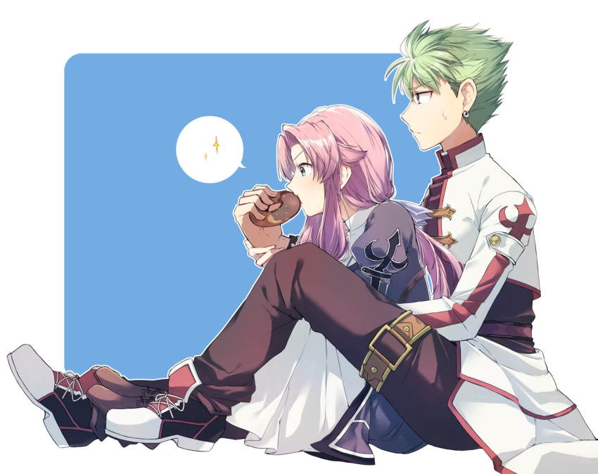 1boy blue_background blue_eyes commentary_request cross-laced_footwear doughnut earrings eating eiyuu_densetsu female food green_eyes green_hair habit hand_grab jacket jewelry kevin_graham knees_up long_hair nun pants pink_hair ponytail profile ries_argent shirt shoes short_hair sidelocks simple_background sitting sneakers sora_no_kiseki spiked_hair spoken_sparkle sweatdrop tekutonbo thigh_strap two-tone_background white_background