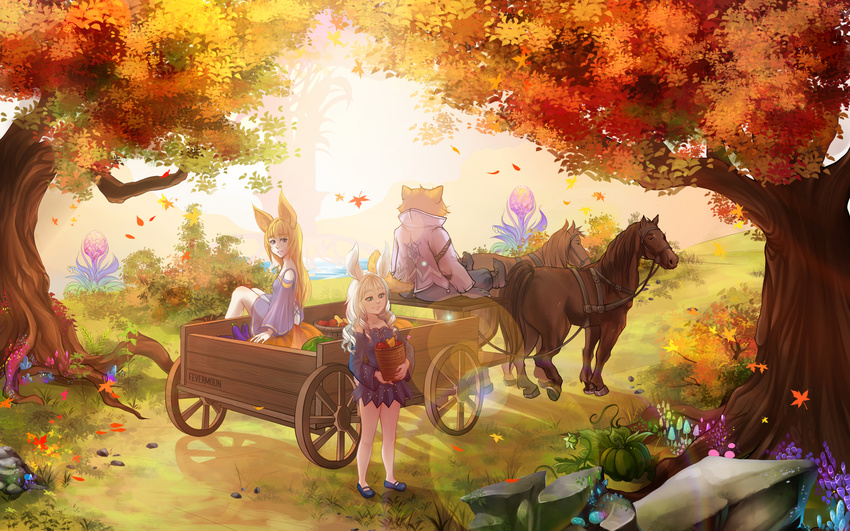 1boy 2girls animal_ears artist_name autumn autumn_leaves bad_id bad_pixiv_id blonde_hair blue_eyes boots cart detached_sleeves dog_ears dress elin fevermoun flower food forest fruit furry gloves glowing highres horse jacket leaf long_hair looking_back mary_janes multiple_girls mushroom nature outdoors photoshop_(medium) popori pumpkin rabbit_ears rock shoes signature sitting smile tail tera_online tree white_hair