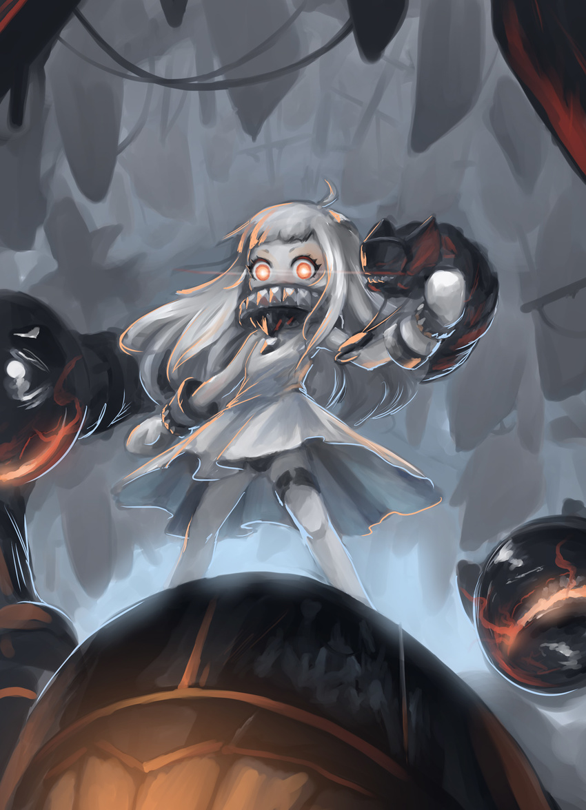 abyssal_ship black_panties colored_skin commentary_request dress female gloves glowing glowing_eyes highres jiffic kantai_collection long_hair looking_at_viewer mittens northern_ocean_princess orange_eyes panties pantyshot sleeveless sleeveless_dress solo standing underwear white_dress white_gloves white_hair white_skin