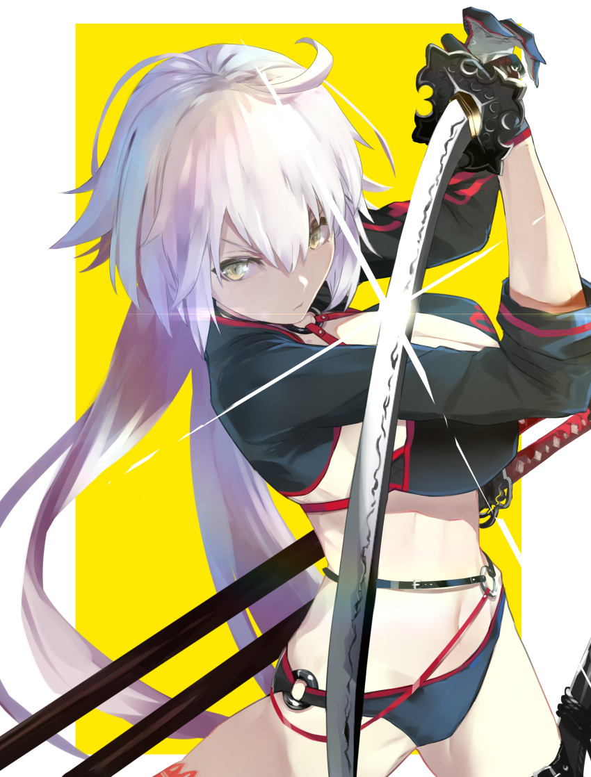 absurdres ahoge bikini black_bikini black_jacket border breasts cleavage closed_mouth commentary_request cropped_jacket fate/grand_order fate_(series) female gleam gloves hair_between_eyes highres hip_focus jacket jeanne_d'arc_alter_(fate) jeanne_d'arc_alter_(swimsuit_berserker)_(fate) katana kumonji_aruto large_breasts long_hair navel o-ring sheath shrug_(clothing) simple_background solo swimsuit sword very_long_hair weapon white_border yellow_background yellow_eyes