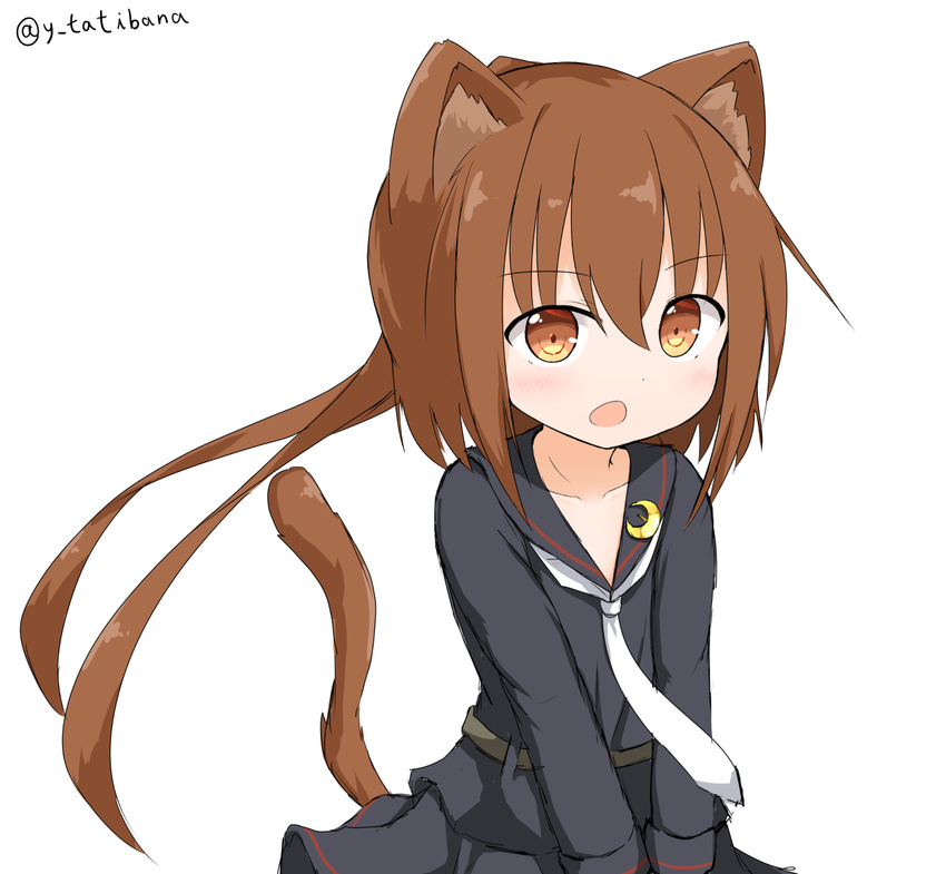 :o animal_ears belt black_serafuku black_skirt blush brown_eyes brown_hair cat_ears cat_tail commentary_request crescent crescent_pin female fumizuki_(kancolle) kantai_collection kemonomimi_mode long_hair long_sleeves looking_at_viewer necktie open_mouth ponytail school_uniform serafuku simple_background skirt solo tail twitter_username v_arms white_background white_necktie yamato_tachibana