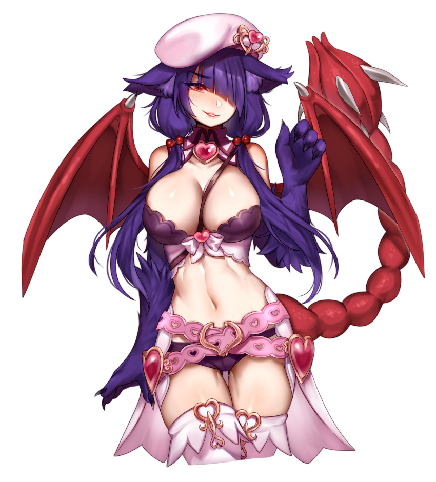 animal_ears animal_hands ass_visible_through_thighs bad_link bare_shoulders belt breasts claws cleavage commission contrapposto cosplay cropped_legs cupid_(monster_girl_encyclopedia) cupid_(monster_girl_encyclopedia)_(cosplay) detached_collar female hair_bobbles hair_ornament hair_over_one_eye hand_up hat heart highres large_breasts long_hair looking_at_viewer low_twintails manticore_(monster_girl_encyclopedia) micro_shorts monster_girl monster_girl_encyclopedia navel original parted_lips purple_eyes red_eyes reri_(elh) short_shorts shorts simple_background smile solo tail terupancake thigh_gap thighhighs twintails white_background wings