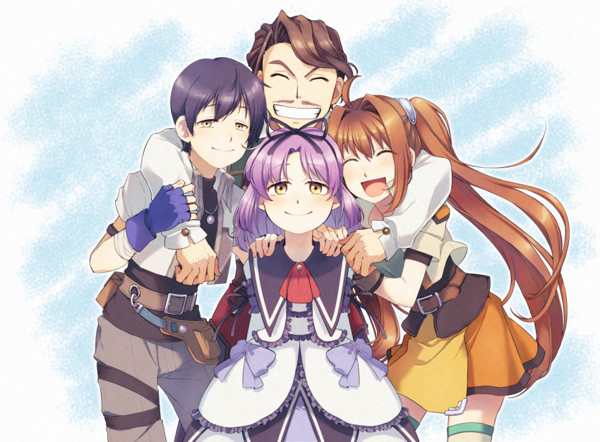 2boys 2girls affectionate ahoge arm_around_shoulder arms_behind_back ascot belt black_hair blue_gloves brown_eyes brown_hair cassius_bright closed_eyes commentary_request cowboy_shot dress eiyuu_densetsu estelle_bright facial_hair family father_and_daughter fingerless_gloves gloves grin hair_ribbon hug jacket joshua_bright long_hair miniskirt moustache multiple_boys multiple_girls open_mouth pants parted_bangs purple_hair renne_(eiyuu_densetsu) ribbon shirt short_hair skirt smile sora_no_kiseki tekutonbo thighhighs twintails white_legwear zettai_ryouiki