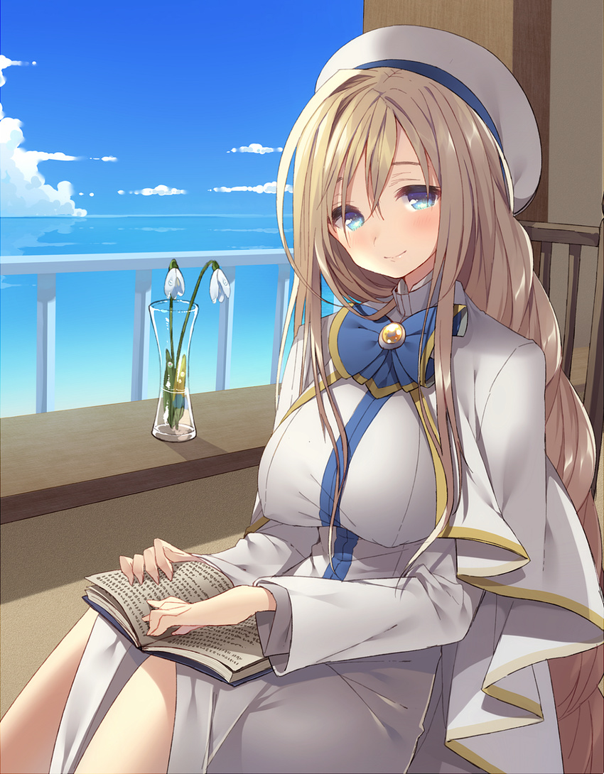 alicia_florence aria_(manga) aria_company_uniform balcony beret blonde_hair blue_bow blue_eyes blue_sky blush book bow bowtie capelet clothing_cutout cloud commentary_request day dress female flower glass hat high_collar highres long_dress long_hair long_sleeves looking_at_viewer ocean open_book side_slit sidelocks sitting sky smile snowdrop_(flower) solo uniform usamata vase very_long_hair white_capelet white_dress white_hat