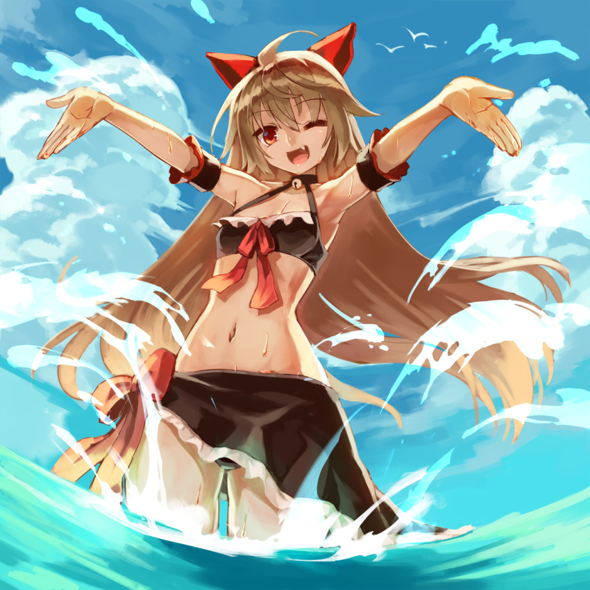 ;d ahoge bare_shoulders bell bikini black_bikini black_choker blue_sky bow breasts choker cloud commentary_request day female hairbow head_tilt highres jingle_bell light_brown_hair long_hair looking_at_viewer navel neck_bell ocean oerba_yun_fang one_eye_closed open_mouth outdoors outstretched_arms red_bow red_eyes sarong shadow_alice_(wonderland_wars) sky small_breasts smile solo splashing sue_(bg-bros) swimsuit very_long_hair water wonderland_wars