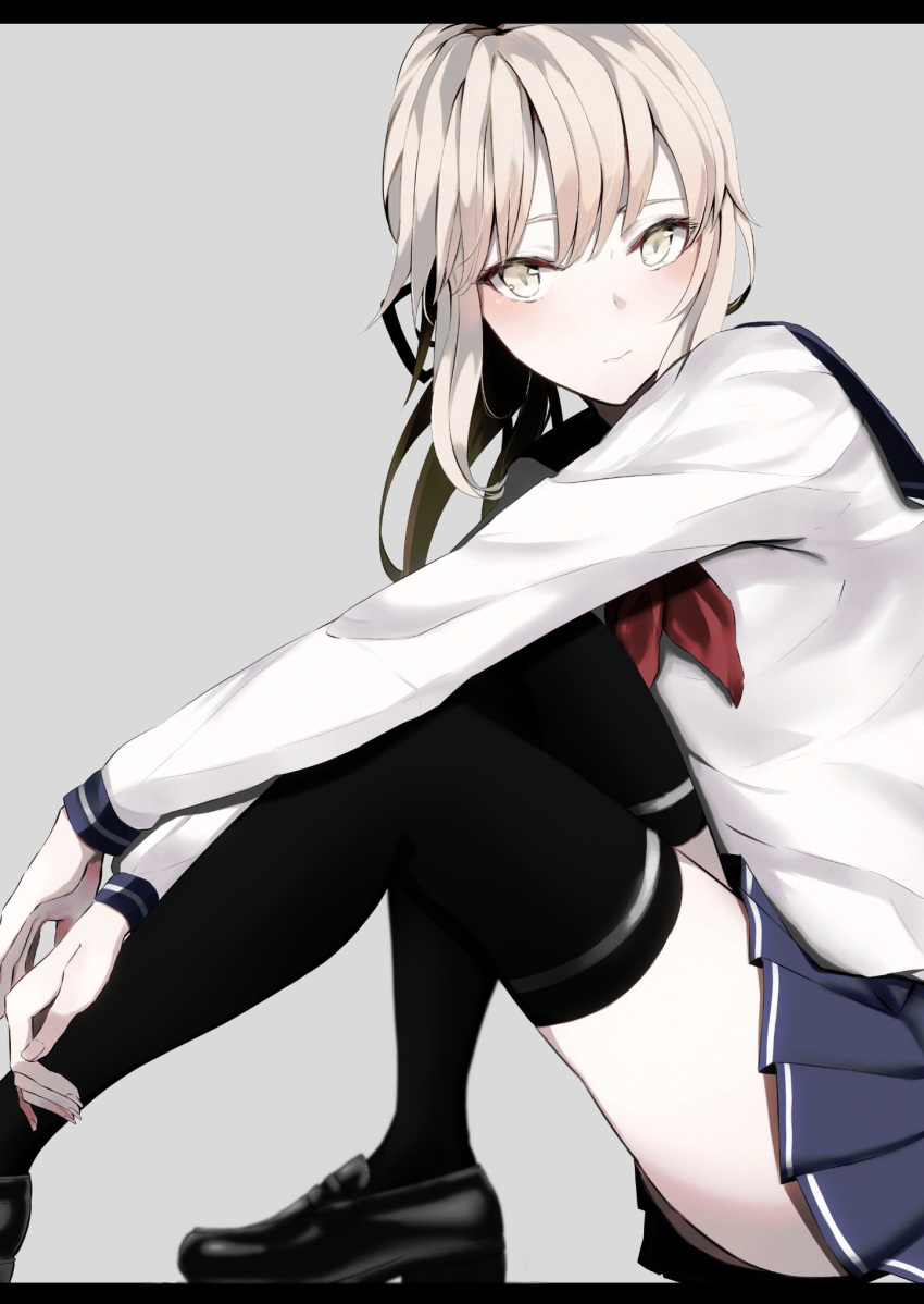 artoria_pendragon_(fate) bad_id bad_twitter_id black_footwear black_ribbon blonde_hair blue_skirt blush breasts fate/grand_order fate/stay_night fate_(series) female fingernails hair_bun hair_ribbon highres ka1se1 legs long_sleeves looking_at_viewer medium_breasts pleated_skirt ribbon saber_alter school_uniform serafuku simple_background single_hair_bun sitting skirt solo thighhighs thighs yellow_eyes