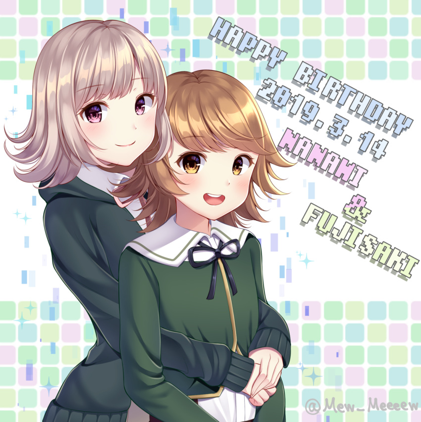 1boy @ artist_name black_jacket blush brown_eyes brown_hair commentary crossdressing danganronpa danganronpa_1 dated dot_nose english_commentary eyebrows_visible_through_hair female flipped_hair fujisaki_chihiro green_shirt hair_ornament hairclip happy_birthday highres hood hoodie hug hug_from_behind jacket looking_at_viewer nabekokoa nanami_chiaki pink_eyes pink_hair pink_neckwear pink_ribbon ribbon shirt short_hair smile super_danganronpa_2 trap upper_teeth