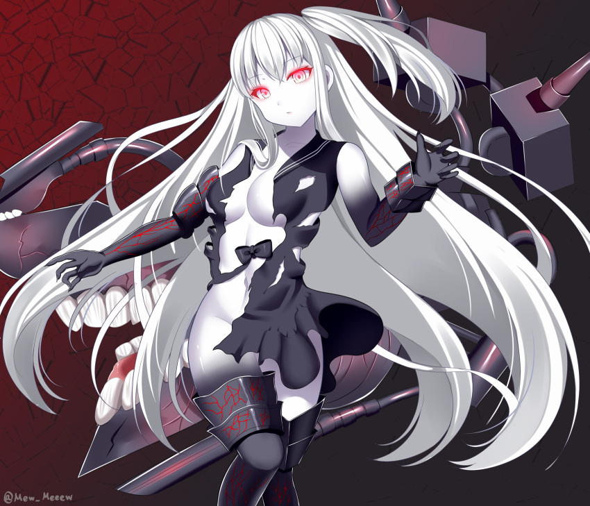 @ aircraft_carrier_hime armor artist_name black_dress black_gloves black_legwear breasts collarbone commentary_request dress eyebrows_visible_through_hair feet_out_of_frame female fingernails gloves hair_between_eyes highres kantai_collection large_breasts long_hair looking_at_viewer medium_breasts nabekokoa no_bra no_panties red_eyes sharp_fingernails shinkaisei-kan side_ponytail solo torn_clothes very_long_hair white_hair white_skin