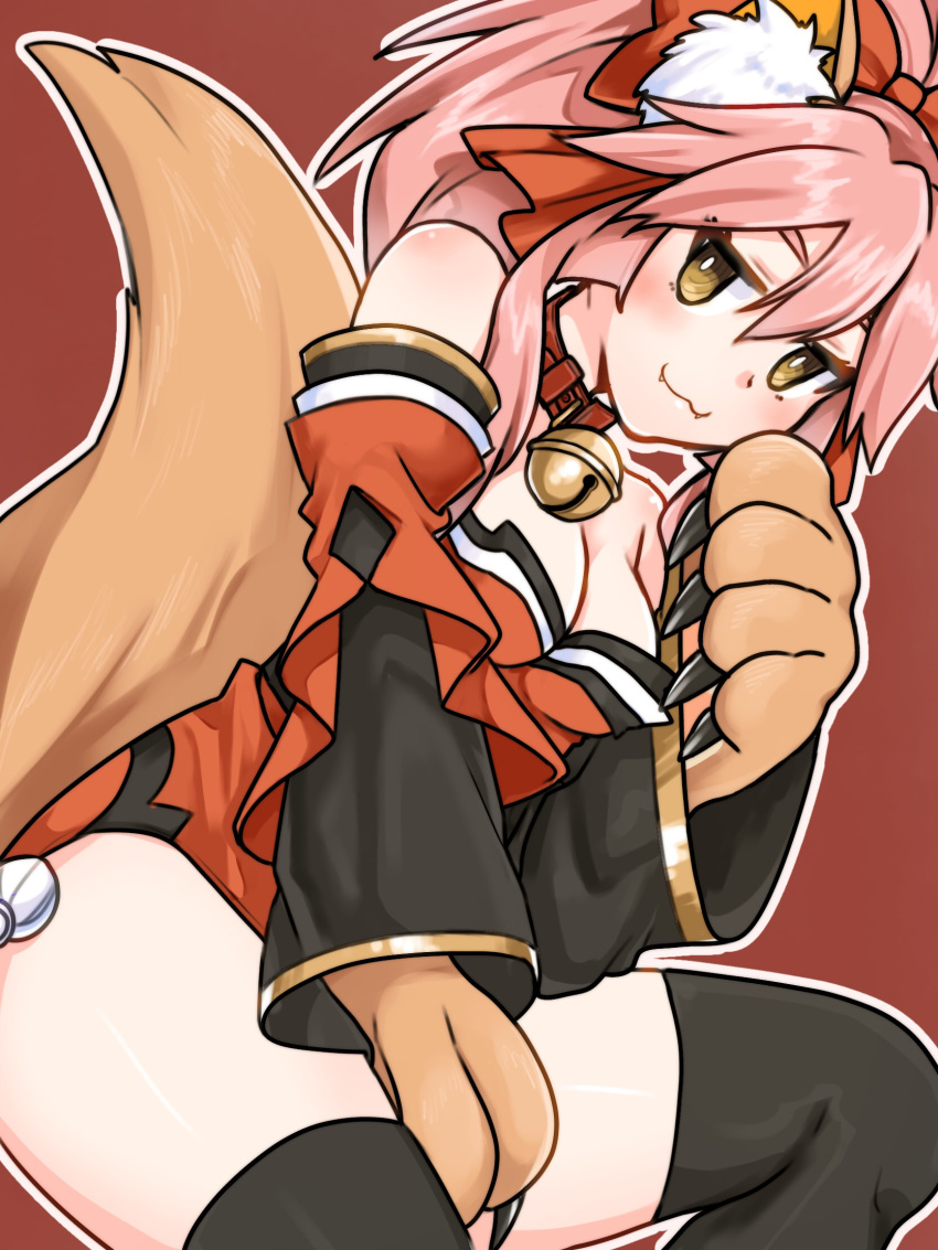 :3 animal_ear_fluff animal_ears animal_hands bare_shoulders bell black_legwear blush breasts cat_paws cleavage collar commentary_request detached_sleeves fangs fate/grand_order fate_(series) female fox_ears fox_girl fox_tail gloves hair_ribbon highres jingle_bell large_breasts long_hair looking_at_viewer neck_bell paw_gloves pink_hair ponytail red_background red_ribbon ribbon simple_background sksk_sou tail tamamo_(fate) tamamo_cat_(fate)