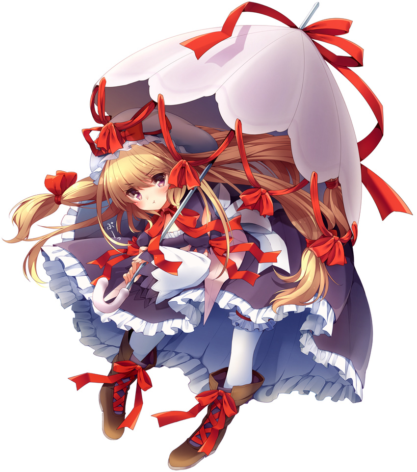 :t annoyed bent_over blonde_hair blush boots bow closed_mouth commentary_request dress eyes_visible_through_hair female frills full_body hairbow hat highres long_hair looking_at_viewer pantyhose parasol pigeon-toed pout purple_eyes ribbon solo touhou transparent_background umbrella usamata very_long_hair white_pantyhose yakumo_yukari yakumo_yukari_(young)