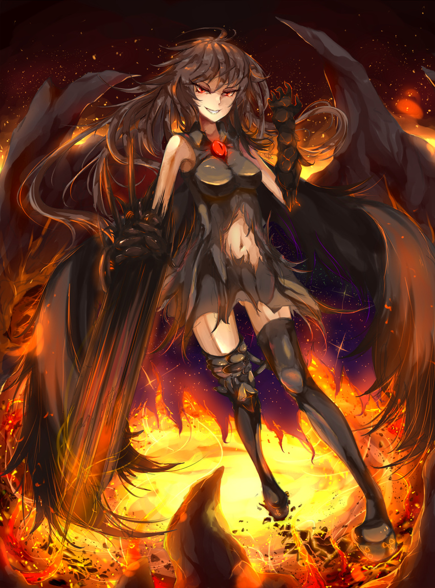 alternate_costume alternate_weapon arm_cannon asymmetrical_footwear bad_deviantart_id bad_id black_hair black_wings blizzomos boots breasts cape dress evil_grin evil_smile female fire grin highres long_hair medium_breasts mismatched_footwear navel radiation_symbol red_eyes reiuji_utsuho smile solo thigh_boots thighhighs third_eye torn_clothes touhou very_long_hair weapon wings