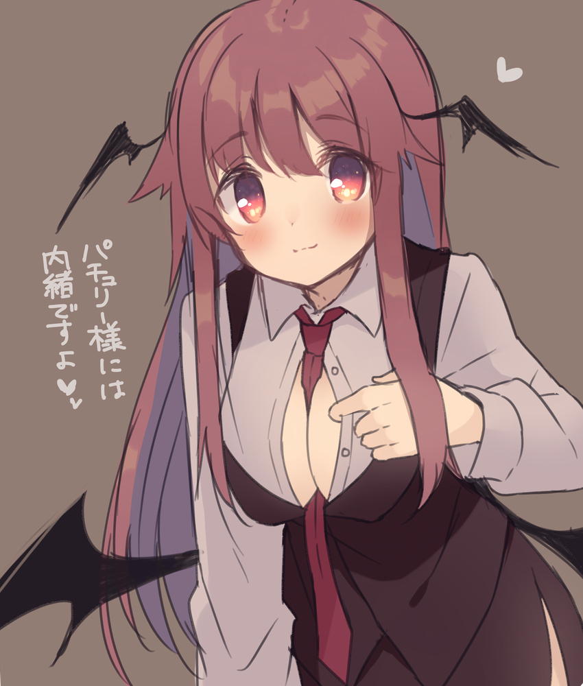 between_breasts blush breasts brown_background cleavage closed_mouth commentary_request demon_wings female head_wings heart highres koakuma long_hair medium_breasts necktie necktie_between_breasts red_eyes red_hair solo touhou translated upper_body usamata vest wings