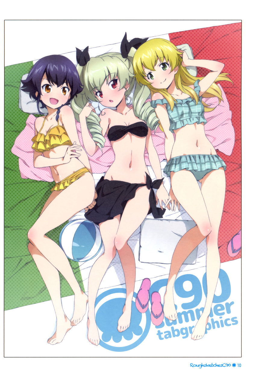 3girls absurdres anchovy_(girls_und_panzer) bandeau bikini breasts carpaccio_(girls_und_panzer) cleavage girl_sandwich girls_und_panzer highres kanzaki_hiro multiple_girls pepperoni_(girls_und_panzer) sandwiched small_breasts swimsuit tabgraphics