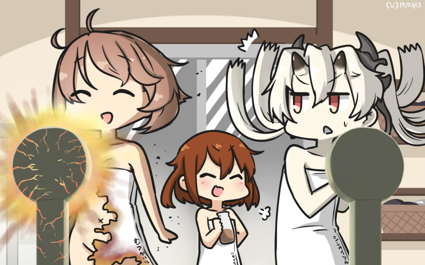 3girls ^^^ abyssal_crane_princess abyssal_ship basket bottle brown_hair character_name chocolate_milk closed_eyes commentary dated door explosion explosion_gag hamu_koutarou highres ikazuchi_(kancolle) kantai_collection long_hair milk_bottle multiple_girls mutsu_(kancolle) naked_towel navel nearly_naked_towel one-hour_drawing_challenge open_mouth puff_of_air short_hair smile towel weighing_scale white_hair x_navel