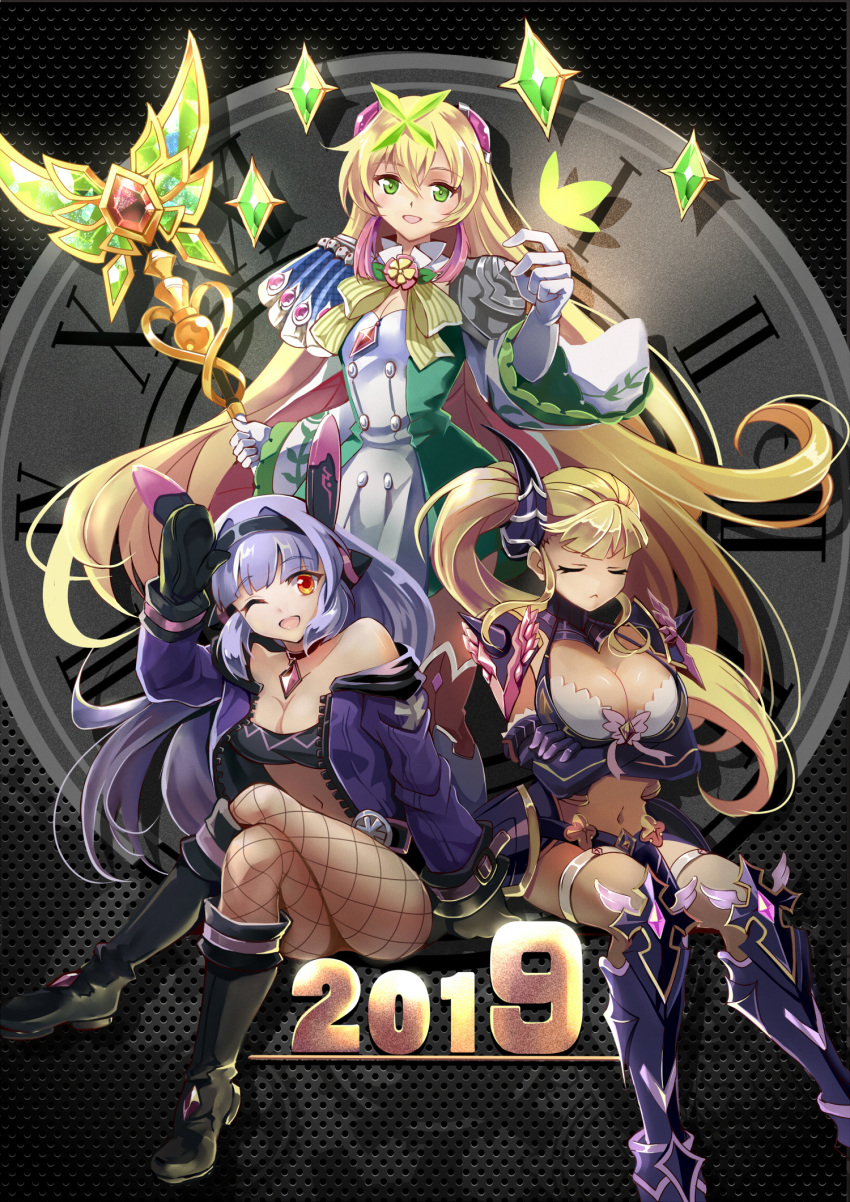 2019 3girls :< arm_support armor armored_boots black_choker black_footwear black_hairband black_mittens blonde_hair boots breasts bug butterfly challenger_dominiel choker cleavage clock closed_eyes commander_lorina crop_top crossed_arms crossed_legs destina_(epic_seven) epic_seven faulds fishnet_pantyhose fishnets gloves green_eyes green_neckwear hair_ornament hairband highres jacket large_breasts light_purple_hair long_hair long_sleeves lorina_(epic_seven) lreliax mittens multiple_girls navel one_eye_closed open_clothes open_jacket open_mouth pantyhose pauldrons pelvic_curtain purple_armor purple_gloves purple_jacket red_eyes roman_numeral shoulder_armor side_ponytail sitting smile staff thigh_boots thigh_strap thighhighs very_long_hair white_gloves zipper