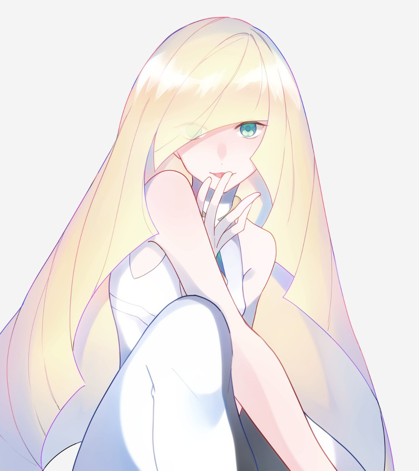 bangs banned_artist bare_arms blonde_hair diamond dress eyes_visible_through_hair green_eyes hair_over_one_eye hand_to_own_mouth highres long_hair looking_at_viewer lusamine_(pokemon) open_mouth pantyhose pokemon pokemon_(game) pokemon_sm shiratama_(xsrtmx) silver_background simple_background smile solo