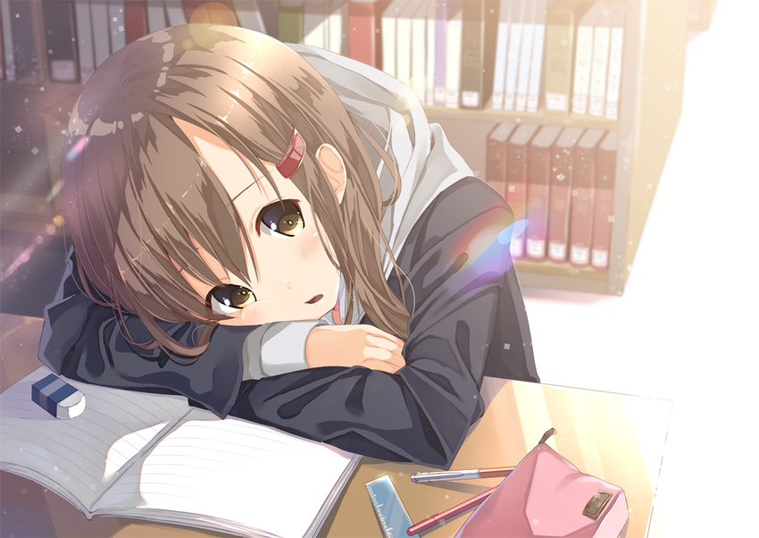 book bookshelf brown_eyes brown_hair commentary_request crossed_arms desk eraser female hair_ornament hair_over_one_eye hairpin head_rest hood hood_down indoors kukiha library light_particles light_rays notebook on_desk open_mouth original pen pencil_case ruler sitting solo studying