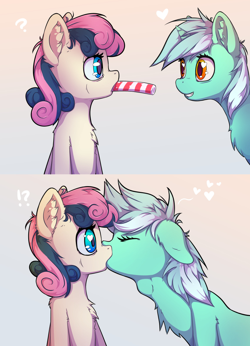 2018 ?! absurd_res amber_eyes blue_eyes bonbon_(mlp) candy candy_cane cheek_bulge chest_tuft closed_eyes daww dessert duo earth_pony equid equine eyelashes female female/female feral floppy_ears food friendship_is_magic fur green_hair grin hair hasbro heart_eyes heart_symbol hi_res horn horse inner_ear_fluff kiss_on_lips kissing love lyra_heartstrings_(mlp) mammal mouth_hold multicolored_hair my_little_pony mythological_creature mythological_equine mythology neck_bulge pony purple_hair question_mark senaelik shocked simple_background smile stripes teeth tuft two_tone_hair unicorn white_hair