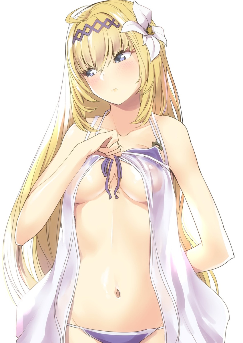 bad_id bad_twitter_id bikini blonde_hair blue_eyes blush breasts female flower granblue_fantasy hair_flower hair_ornament highres jeanne_d'arc_(granblue_fantasy) jeanne_d'arc_(summer)_(granblue_fantasy) long_hair looking_away navel nukkoru official_alternate_costume swimsuit underboob