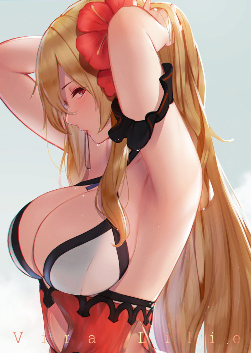 armpits arms_up bikini blonde_hair blush breasts character_name cleavage closed_mouth commentary_request female flower from_side granblue_fantasy hair_flower hair_ornament hair_tie_in_mouth hayabusa_(vert_320) high-waist_sideboob highres large_breasts long_hair looking_at_viewer mouth_hold official_alternate_costume profile red_eyes red_flower sideways_glance simple_background slit_pupils solo swimsuit tying_hair upper_body vira_(granblue_fantasy) vira_(summer)_(granblue_fantasy) white_bikini