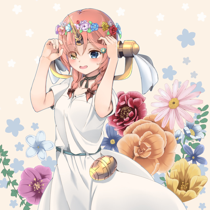 alternate_hair_ornament bare_arms black_neckwear blue_eyes blue_flower blush bow breasts collarbone commentary_request dot_nose dress fate/apocrypha fate/grand_order fate_(series) female floral_background flower flower_wreath frankenstein's_monster_(fate) hair_flower hair_ornament hair_over_one_eye hairbow head_wreath headgear heterochromia highres horns looking_at_viewer mechanical_horns nyoon orange_flower pink_flower pink_hair purple_flower red_bow red_flower short_hair sidelocks single_horn solo white_dress white_flower