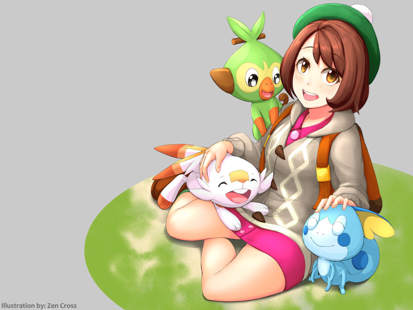 ^_^ absurdres backpack bad_id bad_pixiv_id bag blush bob_cut boots brown_bag brown_eyes brown_footwear brown_hair cardigan closed_eyes commentary_request dress female full_body gloria_(pokemon) green_hat green_legwear grey_cardigan grookey hand_on_another's_head happy hat headpat highres holding long_sleeves looking_at_viewer on_lap open_mouth pink_dress pokemon pokemon_(creature) pokemon_on_arm pokemon_on_lap pokemon_swsh scorbunny short_hair simple_background sitting smile sobble socks starter_pokemon_trio tam_o'_shanter teeth upper_teeth_only zen_cross