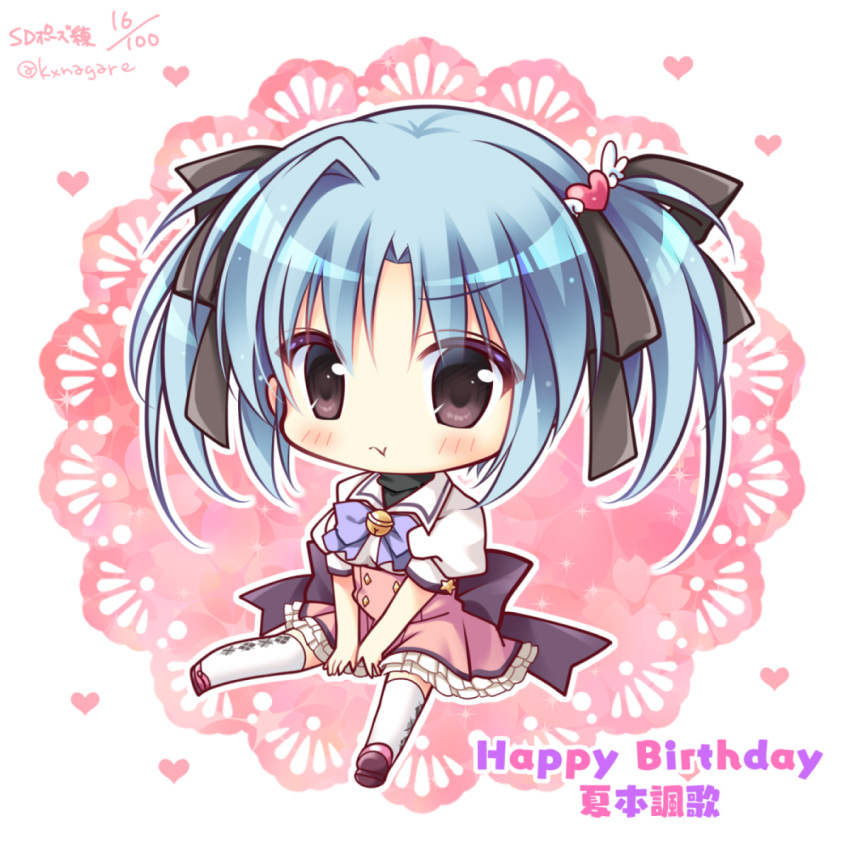 :t argyle_clothes argyle_legwear bell between_legs black_bow blue_hair blush bow brown_eyes character_name chibi closed_mouth collared_shirt commentary_request dated doily female frilled_skirt frills full_body hair_between_eyes hair_ornament hairbow hand_between_legs happy_birthday heart heart_hair_ornament highres jingle_bell looking_at_viewer magical_charming! natsumoto_fuuka pink_footwear pink_skirt pout puffy_short_sleeves puffy_sleeves ryuuka_sane shirt shoe_soles shoes short_sleeves skirt solo star_(symbol) thighhighs translation_request twitter_username two_side_up v-shaped_eyebrows white_background white_shirt white_thighhighs