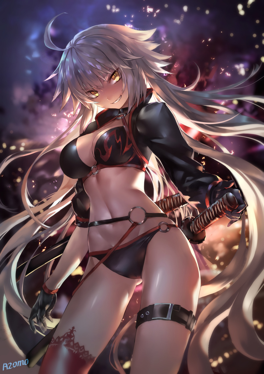 ahoge ass_visible_through_thighs azomo bikini black_bikini black_gloves black_jacket blurry blurry_background breasts brown_eyes cleavage depth_of_field fate/grand_order fate_(series) female gloves grin hair_between_eyes head_tilt highres jacket jeanne_d'arc_alter_(fate) jeanne_d'arc_alter_(swimsuit_berserker)_(fate) katana large_breasts long_hair long_sleeves looking_at_viewer md5_mismatch navel o-ring o-ring_bikini o-ring_bottom o-ring_top photoshop_(medium) red_thighhighs sharp_teeth sheath sheathed shrug_(clothing) sidelocks signature single_thighhigh smile solo swimsuit sword teeth thighhighs v-shaped_eyebrows very_long_hair weapon white_hair