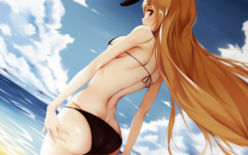 absurdres animal_ears ass bad_id bad_pixiv_id beach bikini black_bikini blonde_hair breasts cloud cloudy_sky day dutch_angle eyebrows female from_behind hair_ornament highres long_hair looking_at_viewer looking_back medium_breasts ocean original outdoors rabbit_ears red_eyes sideboob sky solo swimsuit toriumi_harumi water