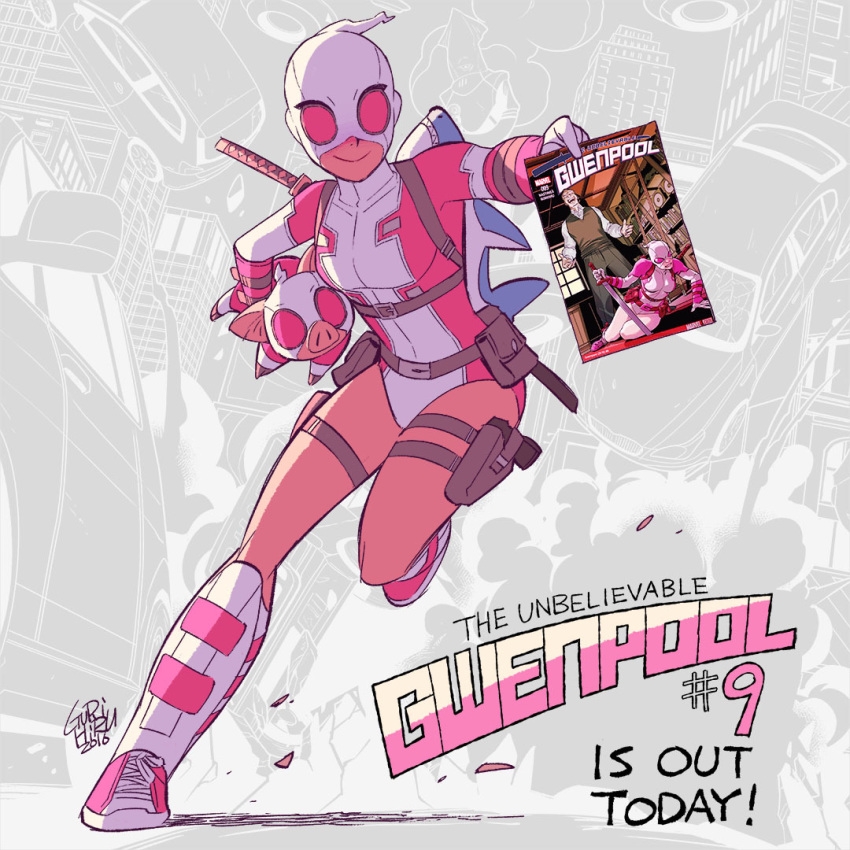 breasts cover cover_page english full_body gurihiru gwen_poole gwenpool katana leotard marvel mask md5_mismatch pig pouch shin_guards shoes small_breasts smile sneakers solo stuffed_animal stuffed_shark stuffed_toy superhero sword weapon