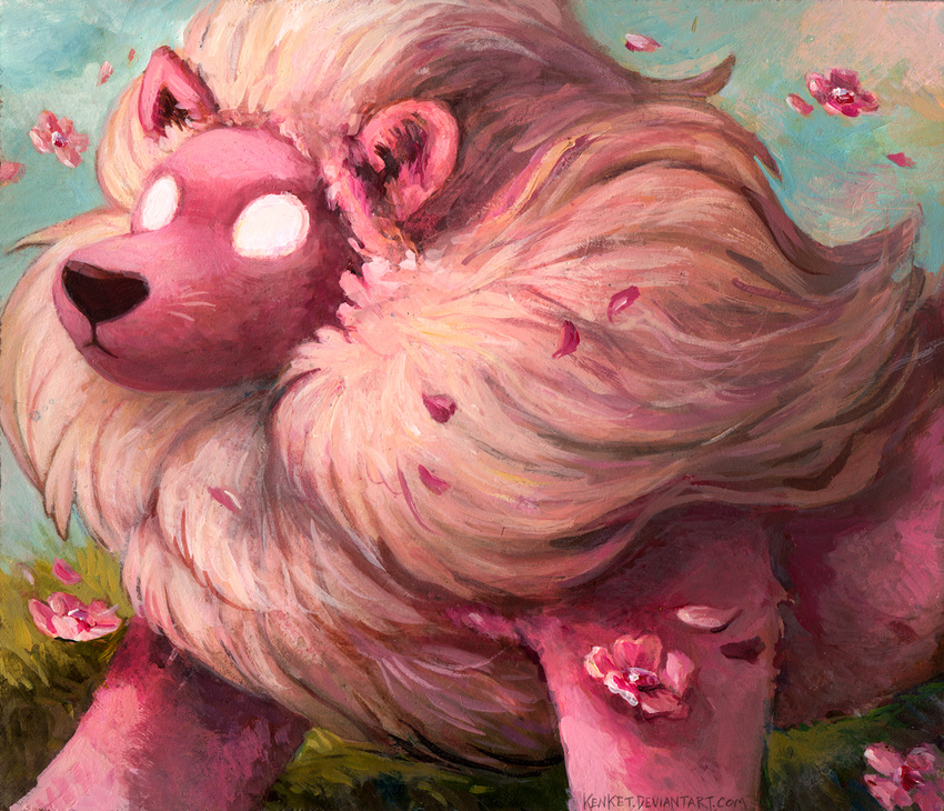 2016 black_nose blue_sky cartoon_network empty_eyes felid feral flower fur grass kenket lion lion_(steven_universe) male mammal mane monotone_body monotone_face monotone_fur monotone_mane outside painting_(artwork) pantherine petals pink_body pink_ears pink_face pink_fur pink_mane plant quadruped sky snout solo steven_universe text traditional_media_(artwork) url