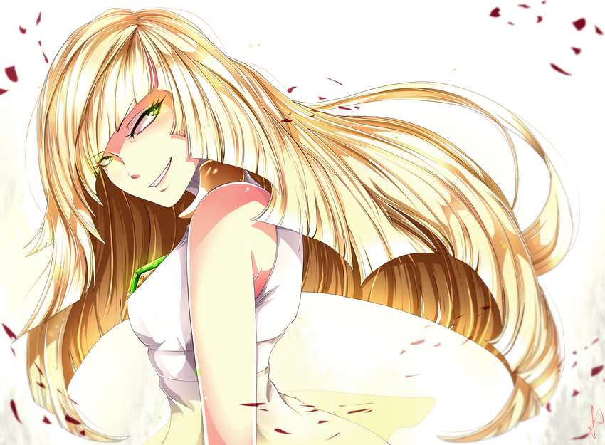 absurdres blonde_hair commentary_request dress female highres invidiata long_hair looking_away lusamine_(pokemon) open_mouth petals pokemon pokemon_sm sleeveless sleeveless_dress solo upper_body very_long_hair white_background