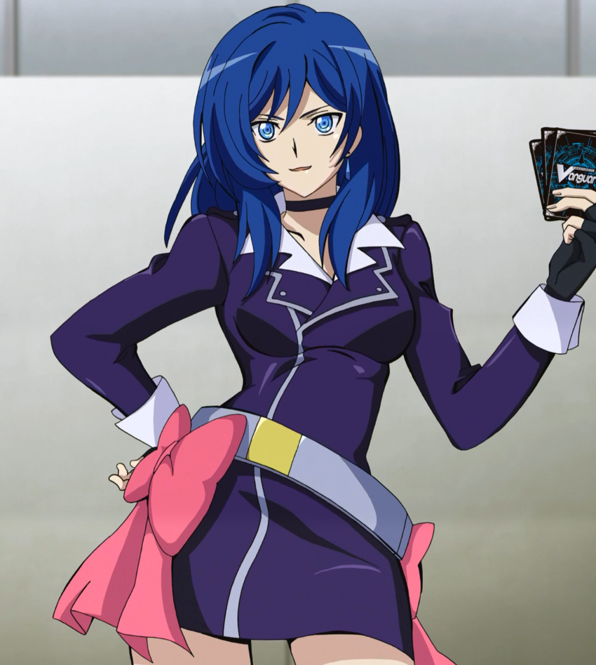 blue_eyes blue_hair cardfight!!_vanguard cards choker earrings fingerless_gloves formal gloves hand_on_hip jewelry miniskirt narumi_asaka pencil_skirt ribbon screencap skirt skirt_suit stitched suit tagme third-party_edit