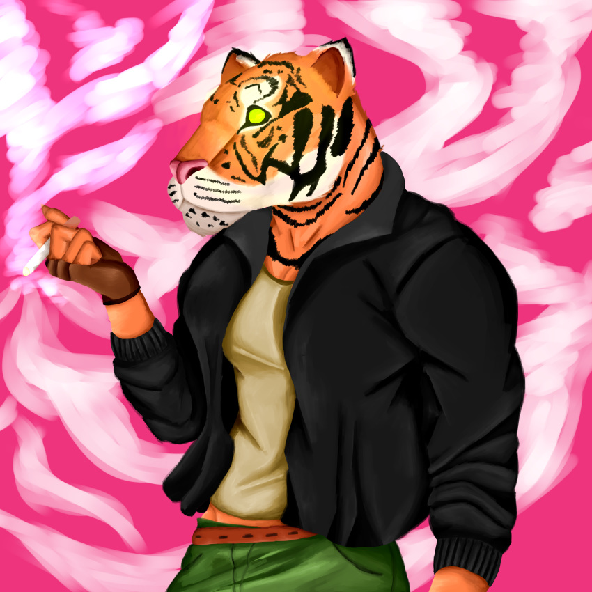 1:1 5_fingers absurd_res ahoeforcoffee anthro bottomwear cigarette clothed clothing crx felid fingers front_view fully_clothed fur gloves handwear hi_res jacket male mammal orange_body orange_fur pantherine pants shirt smoking solo stripes tiger topwear