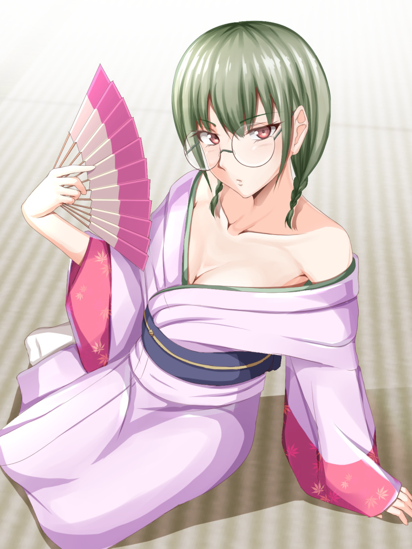 blush braid breasts brown_hair cleavage commentary_request female folding_fan full_body glasses green_hair hand_fan highres holding holding_fan japanese_clothes kimono kinokuni_nene long_sleeves looking_at_viewer medium_hair obi purple_kimono sash shaito shokugeki_no_souma sitting solo twin_braids wide_sleeves yokozuwari